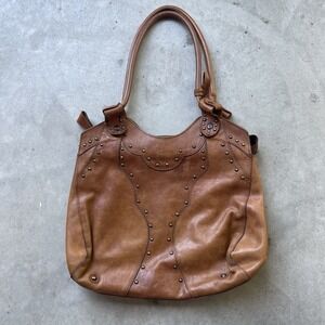 Vintage Frye Brown Genuine Leather Studded Shoulder Bag Western Hobo Purse